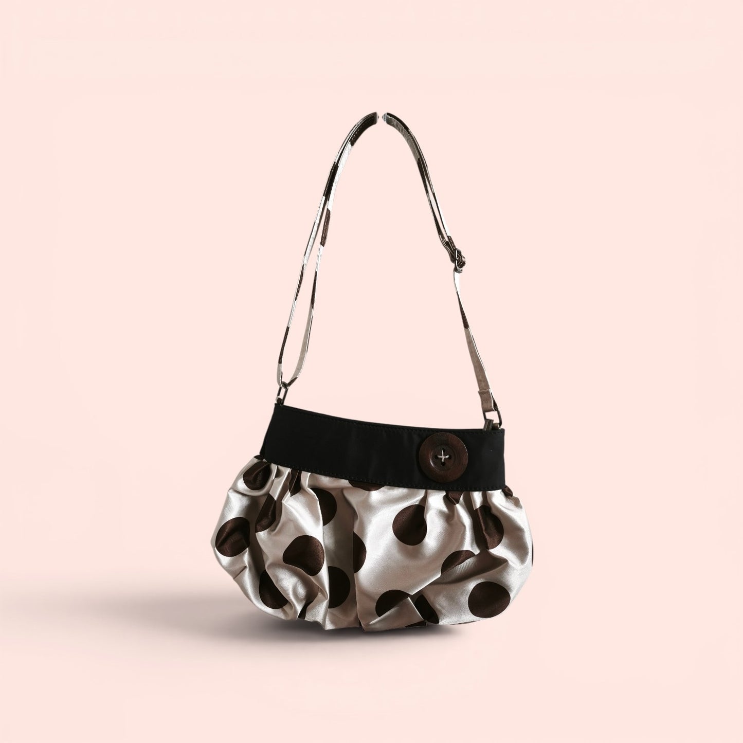 Ruched Brown Polka Dot Shoulder Bag Button Detail