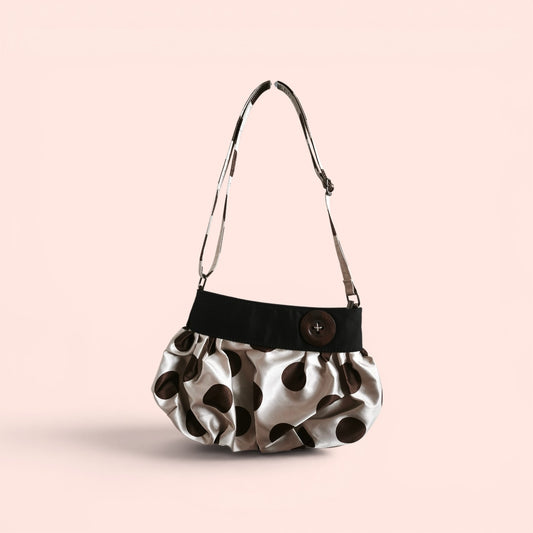 Ruched Brown Polka Dot Shoulder Bag Button Detail