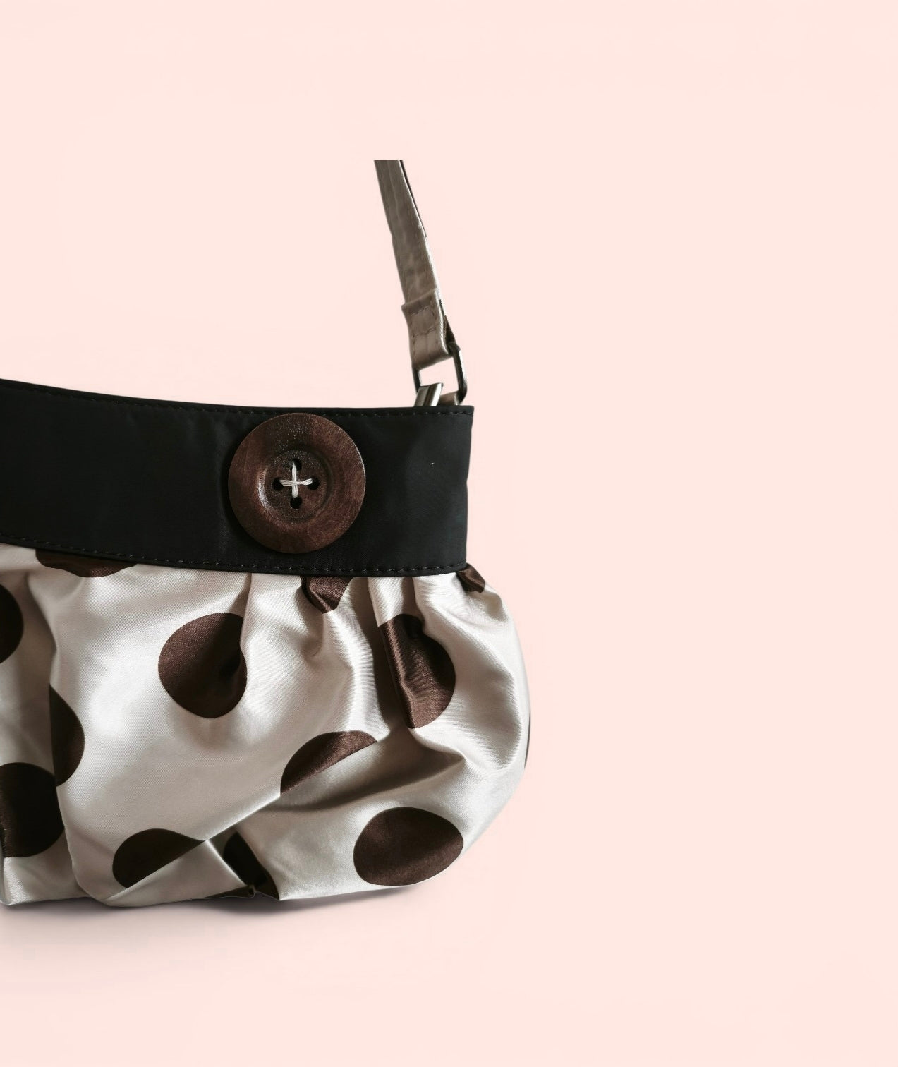 Ruched Brown Polka Dot Shoulder Bag Button Detail