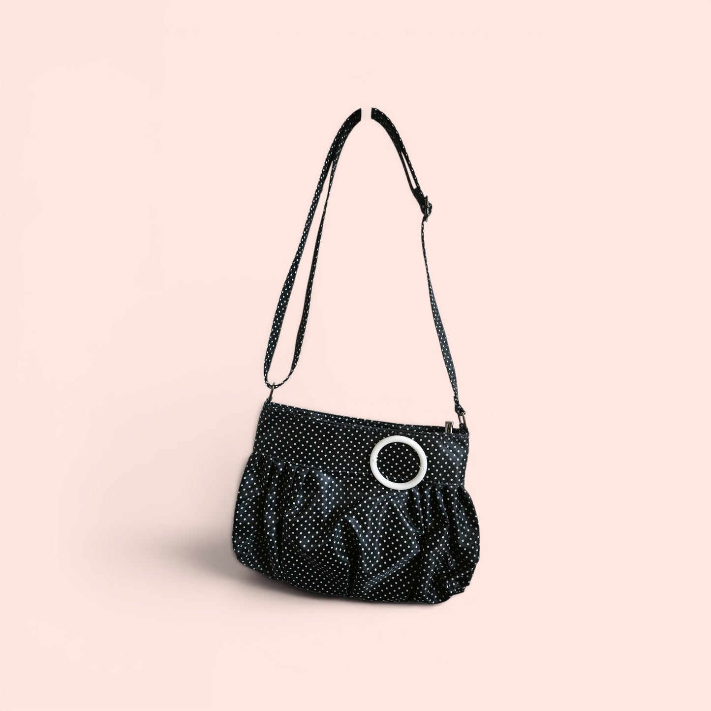 Ruched Black and White Polka Dot Shoulder Bag